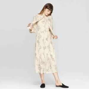 a new day Long Sleeve Tie Neck Floral Pleated Midi Dress, L, Cream & Black
